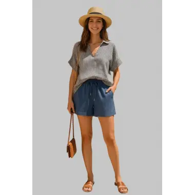 Mirabel İndigo Keten Şortlu Çizgili Takım