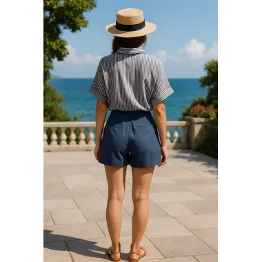 Mirabel İndigo Keten Şortlu Çizgili Takım