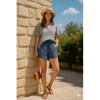 Mirabel İndigo Keten Şortlu Çizgili Takım