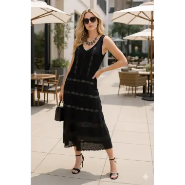 Morocco İthal Dantel V Yaka Astarlı Elbise