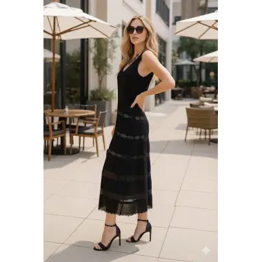 Morocco İthal Dantel V Yaka Astarlı Elbise