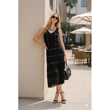 Morocco İthal Dantel V Yaka Astarlı Elbise