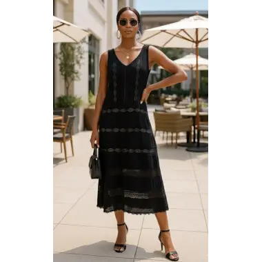 Morocco İthal Dantel V Yaka Astarlı Elbise