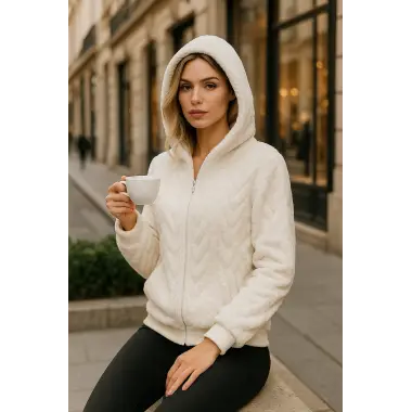 Papi Peluş Detay Kapüşonlu Fermuarlı Örme Tasarım Ceket