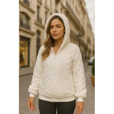 Papi Peluş Detay Kapüşonlu Fermuarlı Örme Tasarım Ceket