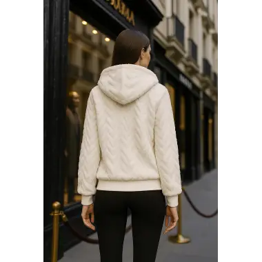 Papi Peluş Detay Kapüşonlu Fermuarlı Örme Tasarım Ceket