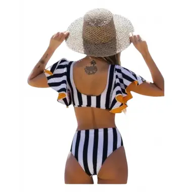 Samenta Şerit Baskılı Bağcıklı Yüksek Bel 2 Parça Bikini Takım