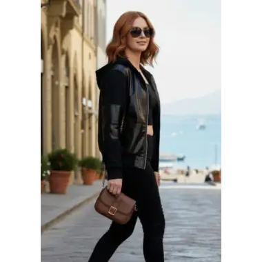 Sendi Deri Bloklu Bomber Tasarım Mont