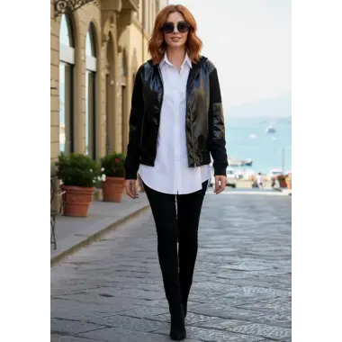 Sendi Deri Bloklu Bomber Tasarım Mont