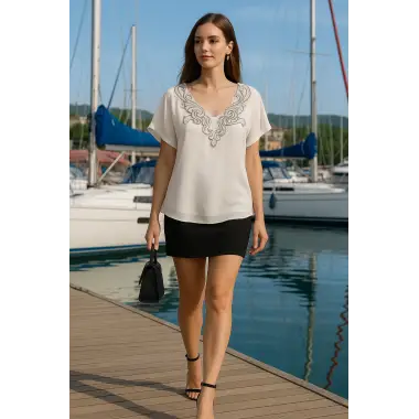 Sindia Krep Şifon Nakış Detay Bluz