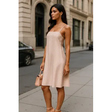 Sonya Çizgili İthal Keten Askılı Elbise