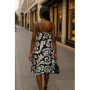 Sunita İthal Keten Desenli Askılı Midi Boy Elbise