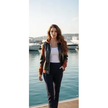 Wandera Deri Bloklu Kapüşonlu Bomber Ceket