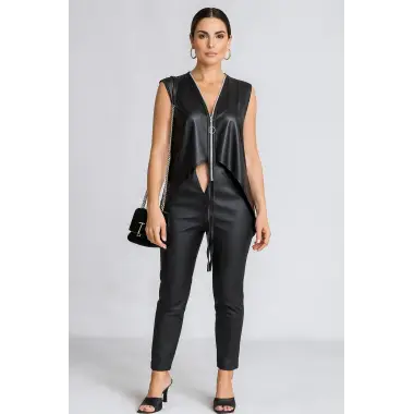 Zeyna Fermuar Detay Çok Yönlü Kullanım Suni Deri Trend Bluz