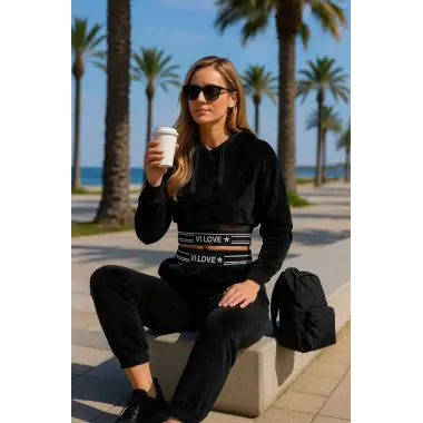 Zetna File Detay Kapüşonlu Kadife Eşofman Takım