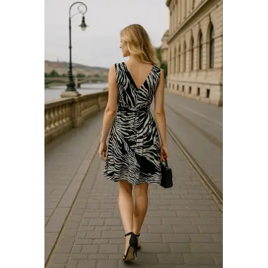 Zeyna Kruvaze İthal Şifon Zebra Desen Elbise