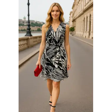 Zeyna Kruvaze İthal Şifon Zebra Desen Elbise