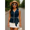 Cristina Biye Detay İthal Krep Lacivert Bluz