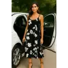 Flower Çiçek Desen Askılı İthal Saten Tasarım Elbise