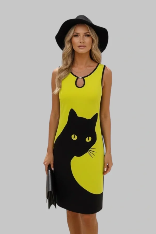 Beti 3D Kedi Baskılı Kolsuz, O Halkalı Yaka Detayıyla Rahat Tarz Elbise