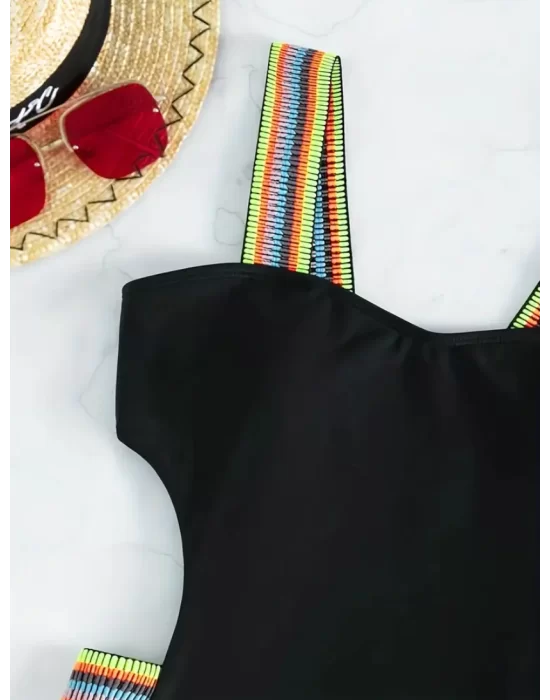 Çok Renkli Çizgili Detaylı, Push-Up Şık Siyah Tabanlı Yüksek Bel Mayo