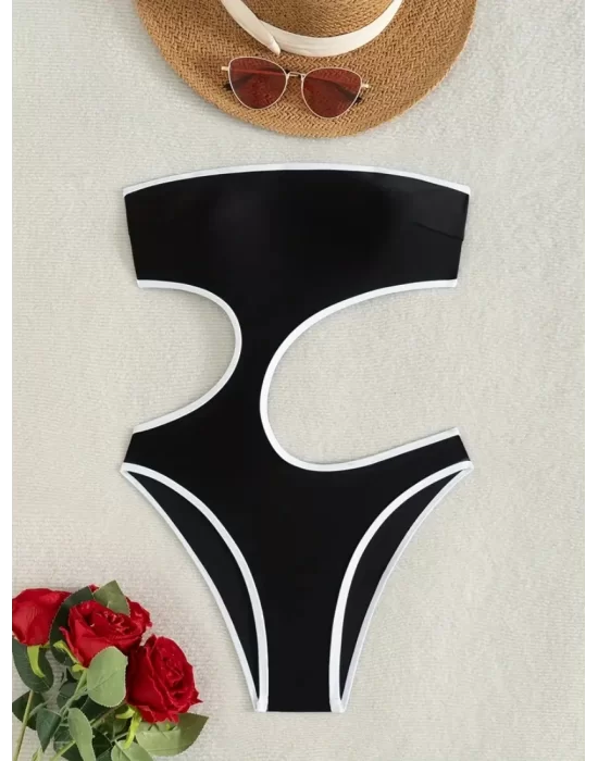 Siyah & Beyaz Kontrast Askılar Şık Kadın Asimetrik Mayo
