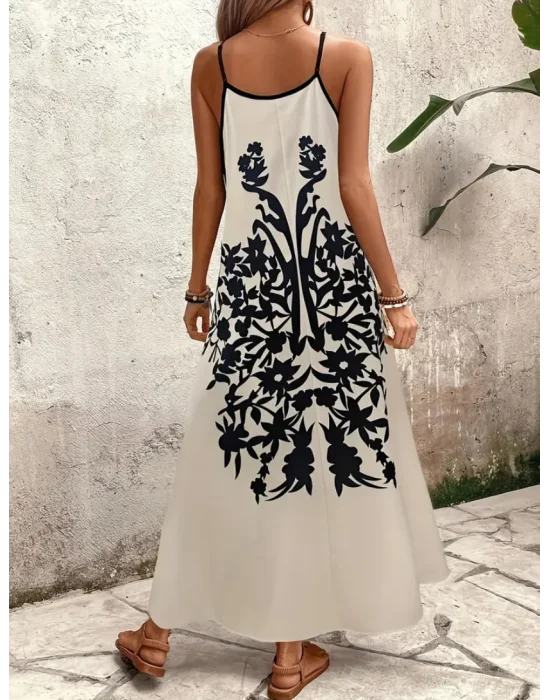 Şık V Yaka Çiçek Desen Rahat Kesim Maxi Elbise Trend