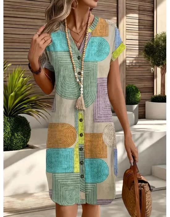 Şık V Yaka Batwing Kollu Geometrik Desenli Beli Sıkı Kesim Trend Elbise