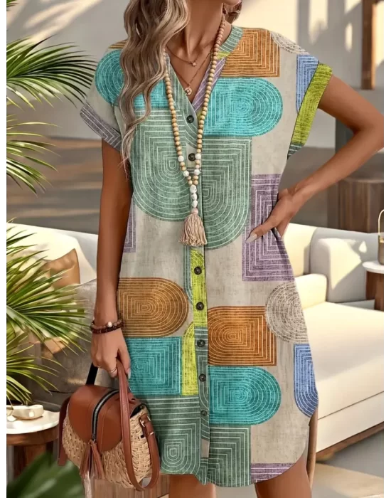 Şık V Yaka Batwing Kollu Geometrik Desenli Beli Sıkı Kesim Trend Elbise