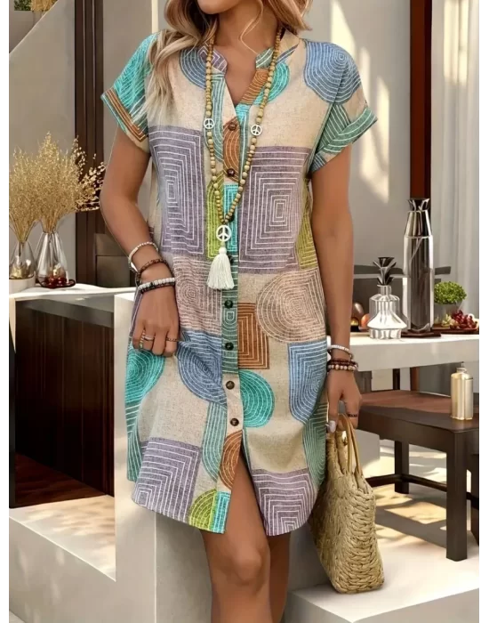 Şık V Yaka Batwing Kollu Geometrik Desenli Beli Sıkı Kesim Trend Elbise