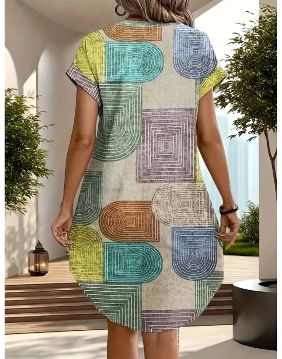 Şık V Yaka Batwing Kollu Geometrik Desenli Beli Sıkı Kesim Trend Elbise