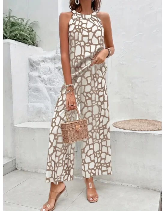 Şık 2 Parçalı Geometrik Desen Ruched Detay Kolsuz Pantolon Takım