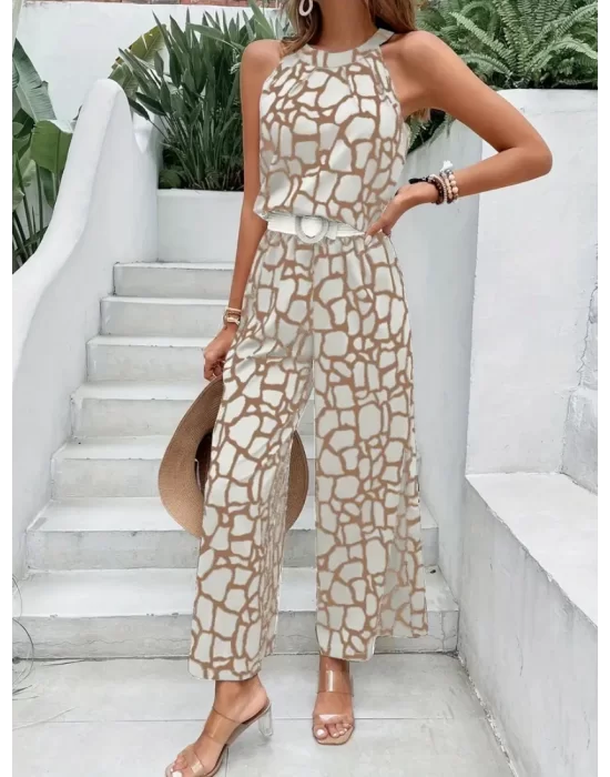 Şık 2 Parçalı Geometrik Desen Ruched Detay Kolsuz Pantolon Takım