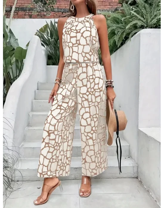 Şık 2 Parçalı Geometrik Desen Ruched Detay Kolsuz Pantolon Takım