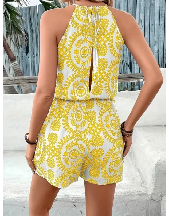Sarı Beyaz Paisley’s Baskılı Kolsuz Tulum Vintage Tarz