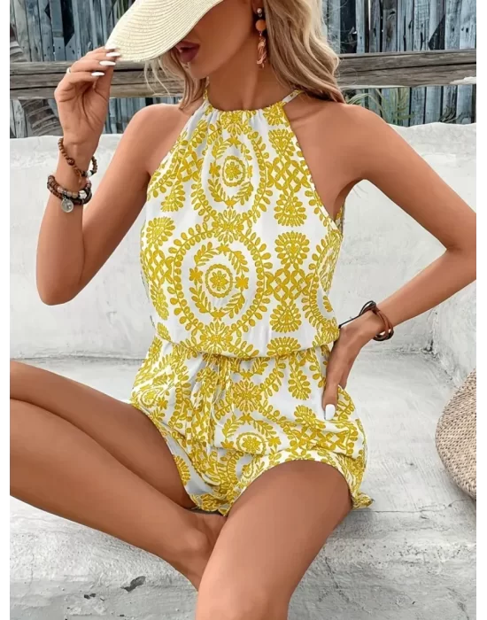 Sarı Beyaz Paisley’s Baskılı Kolsuz Tulum Vintage Tarz