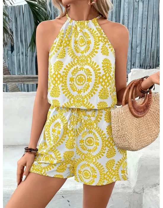 Sarı Beyaz Paisley’s Baskılı Kolsuz Tulum Vintage Tarz