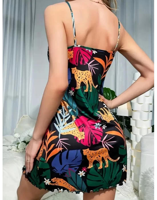 Tropikal Ve Leopar Desenli Olgun Şık Kadın Gece Elbisesi Trend Spagetti