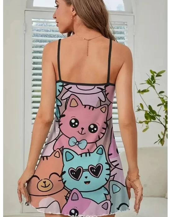 Allover Kedi Baskı Gecelik Sevimli Trend