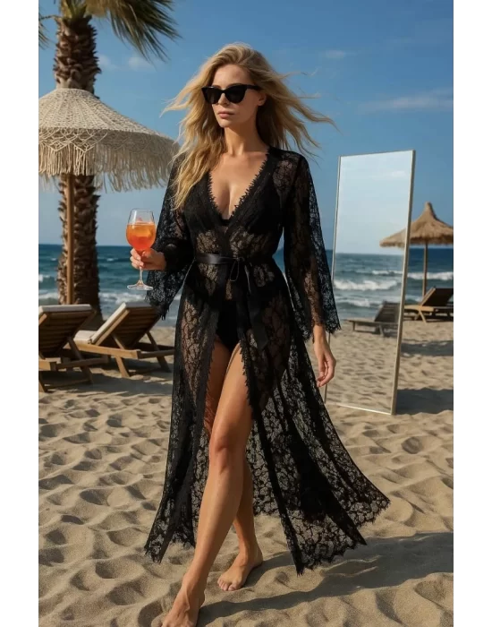 Sandra Siyah Dantel Detay Kimono