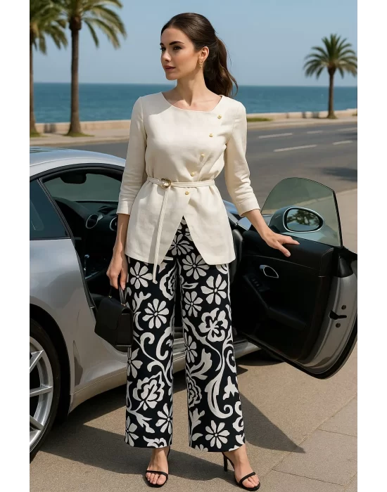 Adriana İhtal Keten Kruvaze Düğme Ve Toka Detay İkili Pantolon Takım