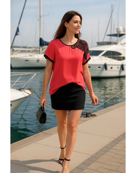 Gina Omuz Dantel Detay İthal Şifon Bluz