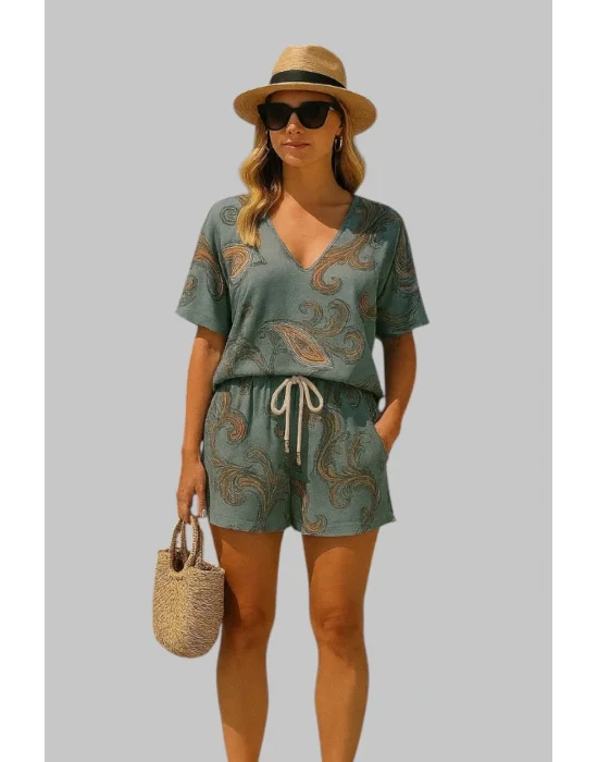 Aden İndigo Şortlu Keten İkili Takım