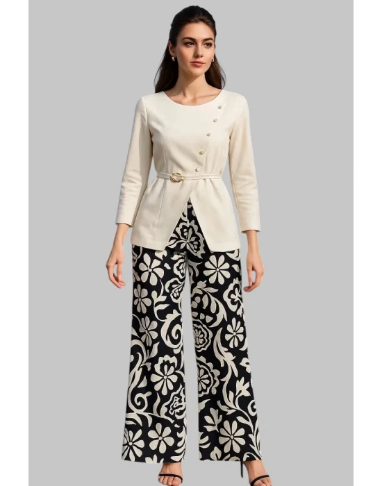 Adriana İhtal Keten Kruvaze Düğme Ve Toka Detay İkili Pantolon Takım