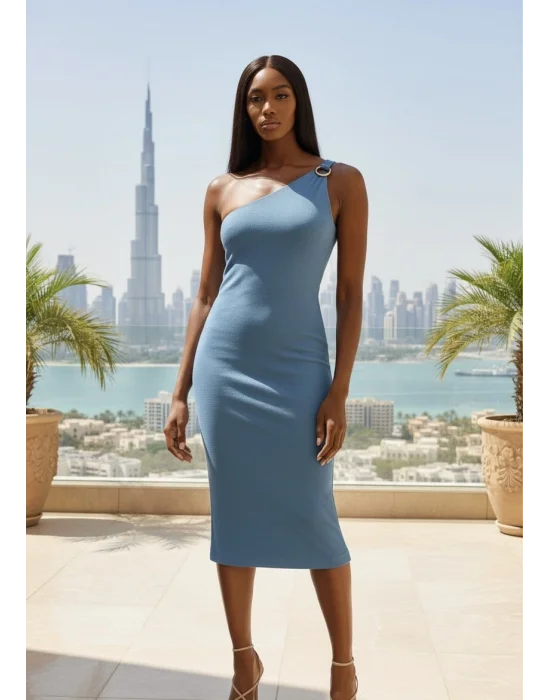 Aerobin Keten Tek Omuzlu Aksesuar Ve Büzgü Detay Tasarım Elbise