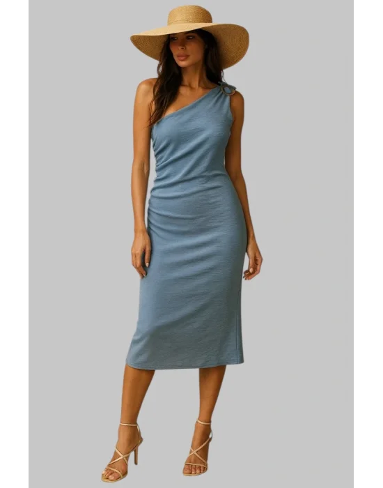 Aerobin Keten Tek Omuzlu Aksesuar Ve Büzgü Detay Tasarım Elbise