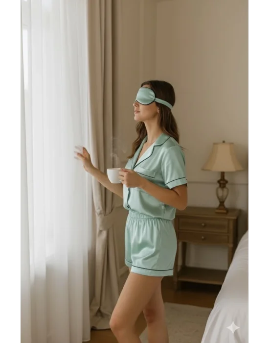 Agatha Saten Gömlek Yaka ikili Gecelik Takım