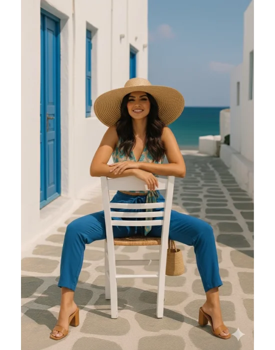 Alaçatı İki Renkli Keten Pantolon Takım