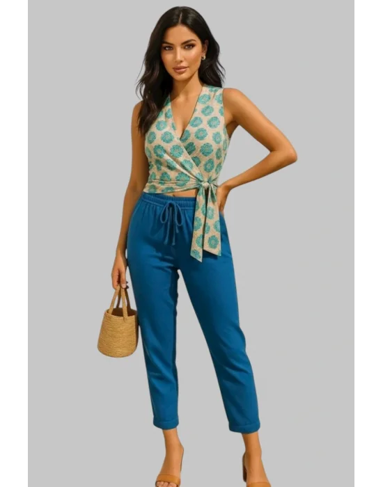 Alaçatı İki Renkli Keten Pantolon Takım