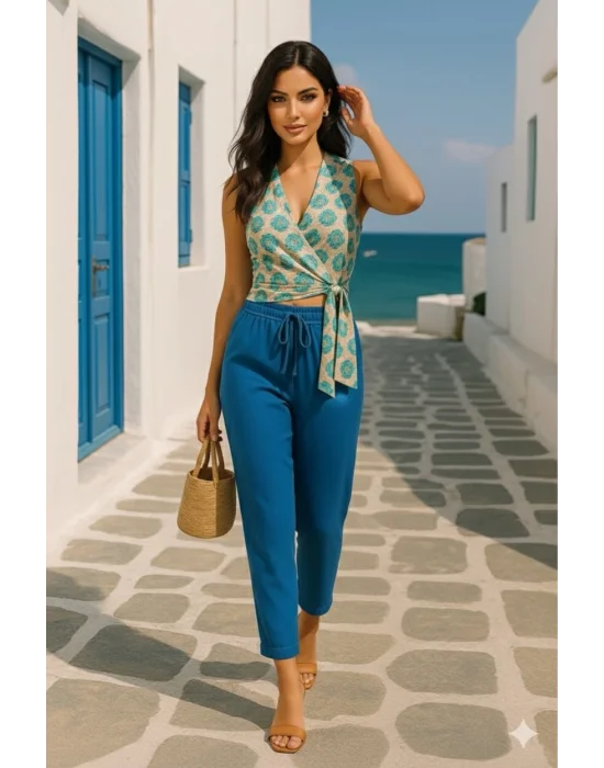 Alaçatı İki Renkli Keten Pantolon Takım